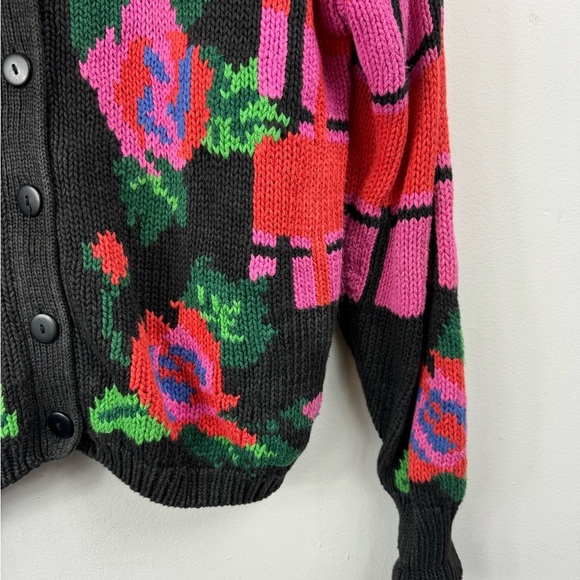 Vintage Gallagher Size Medium Cardigan Sweater Black Pink Floral Plaid Grandma - Picture 5 of 5